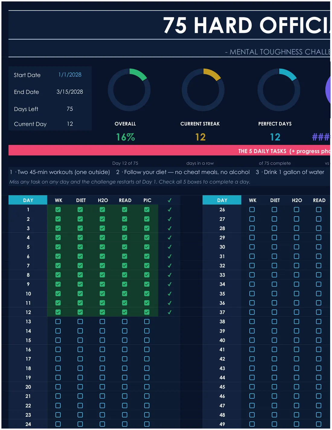 75 Hard & 75 Soft Tracker — the workbook open in Excel