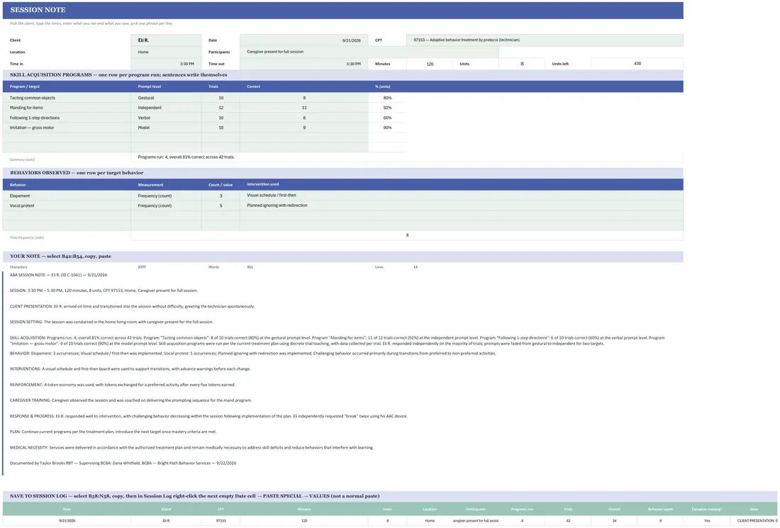 ABA Session Note Generator — the workbook open in Excel