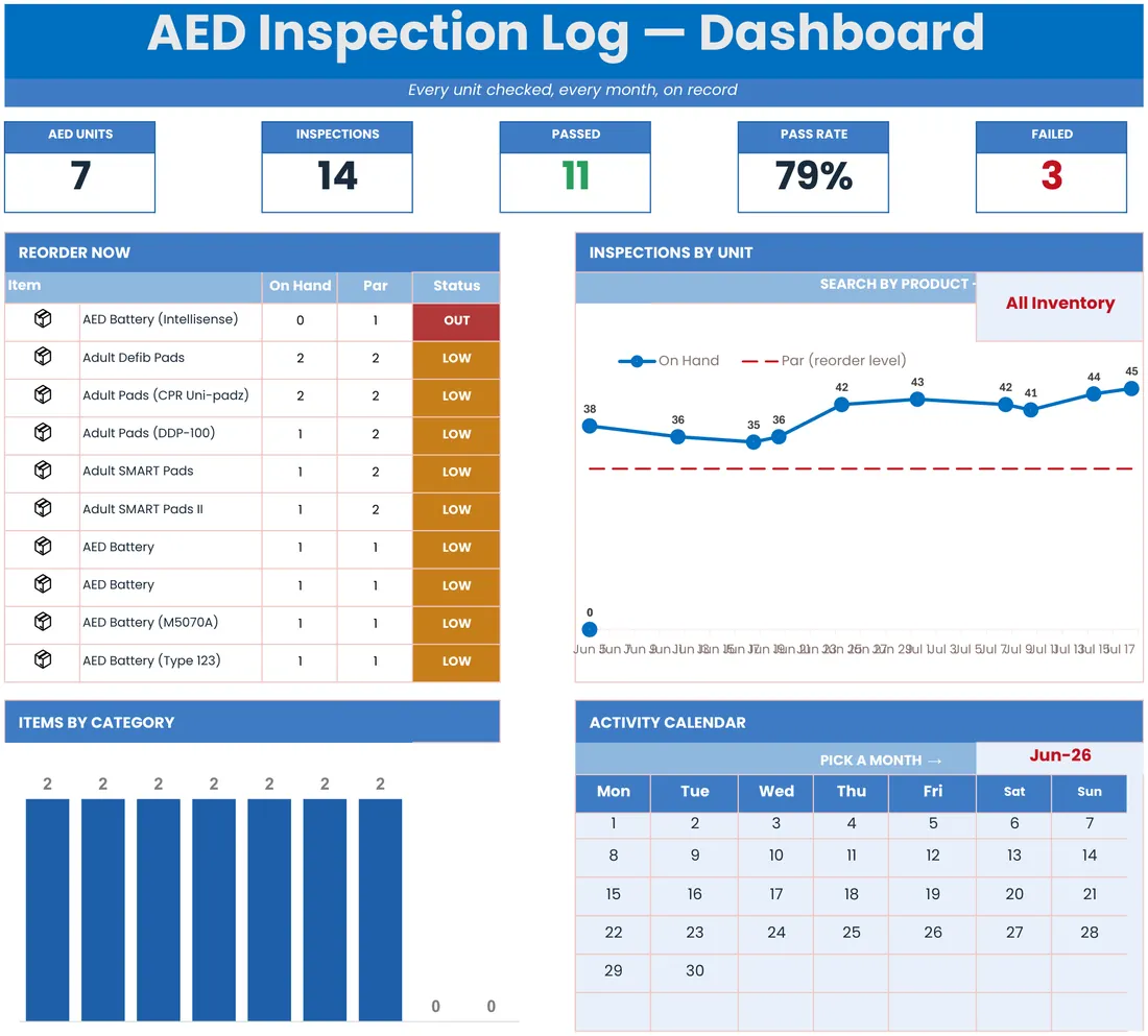 AED Inspection Log — the workbook open in Excel