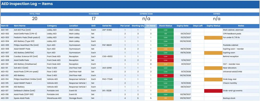 AED Inspection Log screenshot