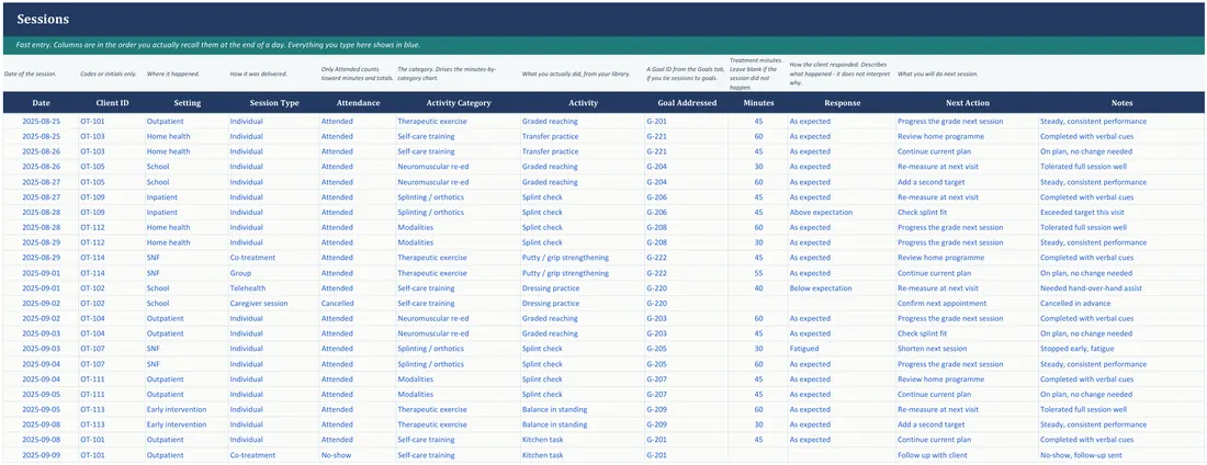 OT Session and Treatment Tracker screenshot