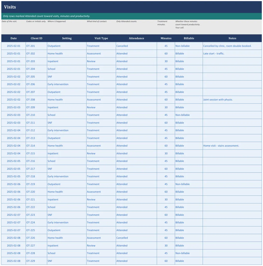 OT Productivity and Practice Dashboard screenshot