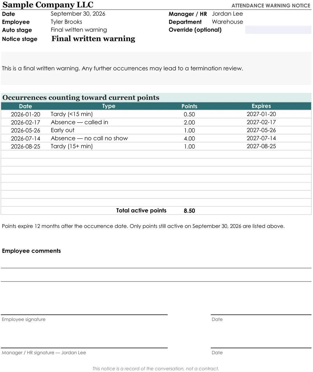 Employee Attendance Point Tracker screenshot