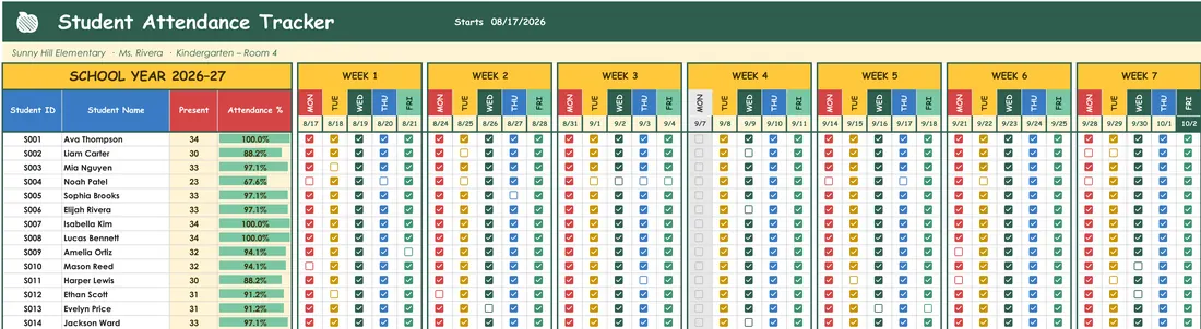Simple Attendance Tracker — the workbook open in Excel