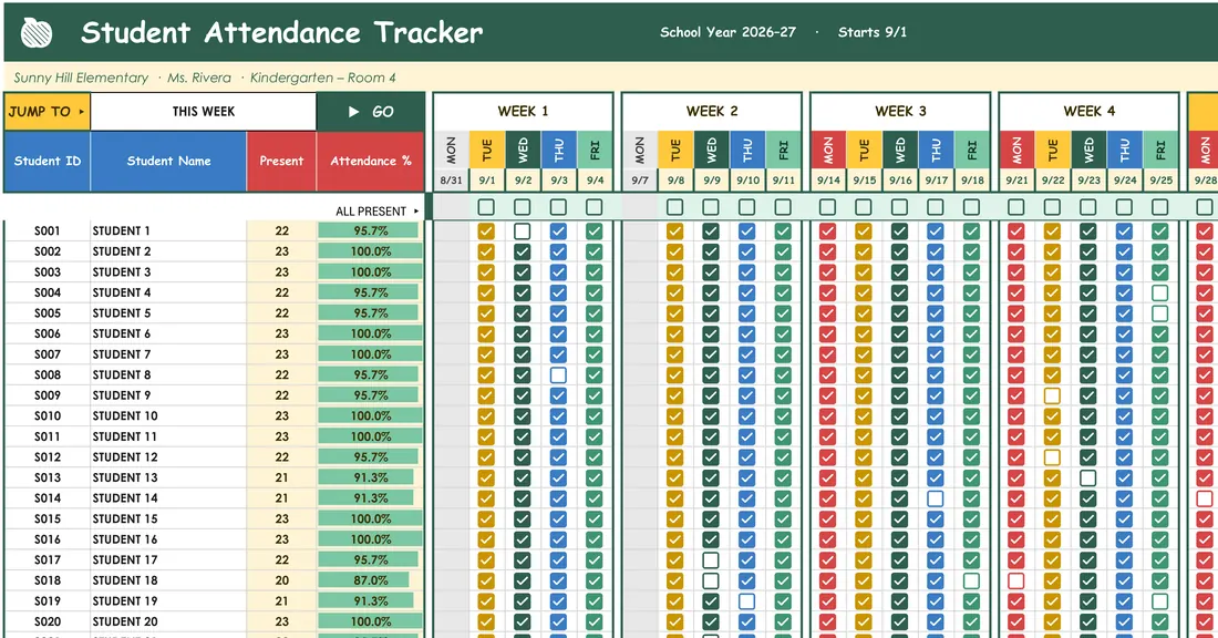 School Attendance Tracker for 500 Students — the workbook open in Excel