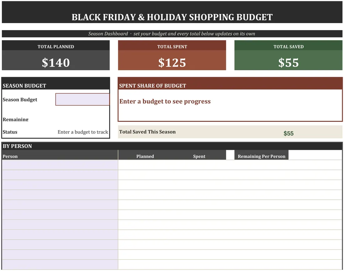 Black Friday Shopping Planner — the workbook open in Excel