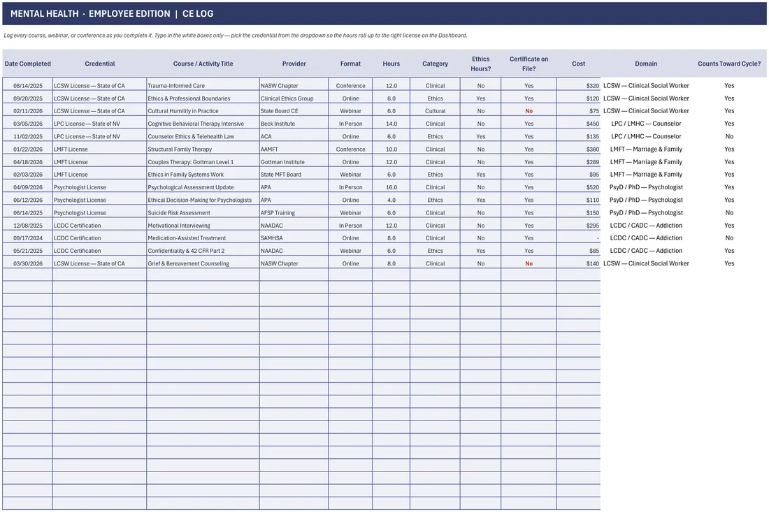 Mental Health CE & Ethics Hours Tracker screenshot