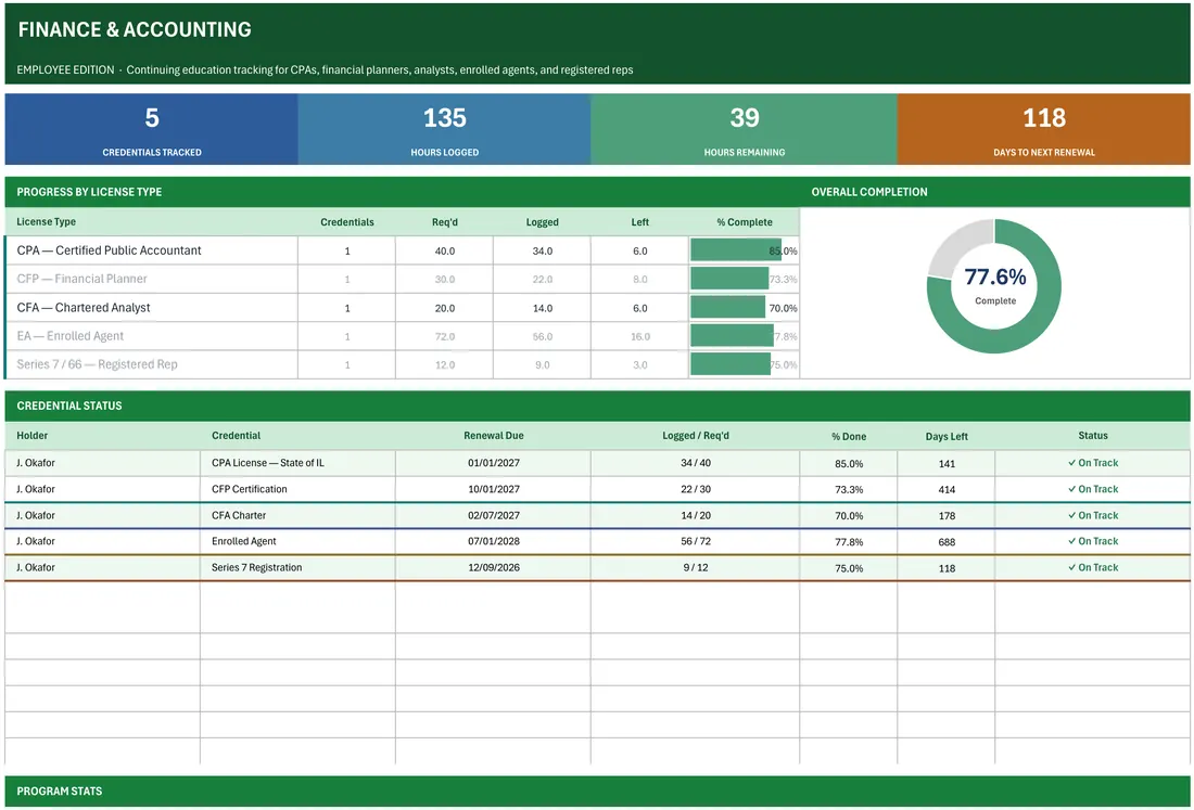 CPA & Finance CPE Renewal Tracker — the workbook open in Excel