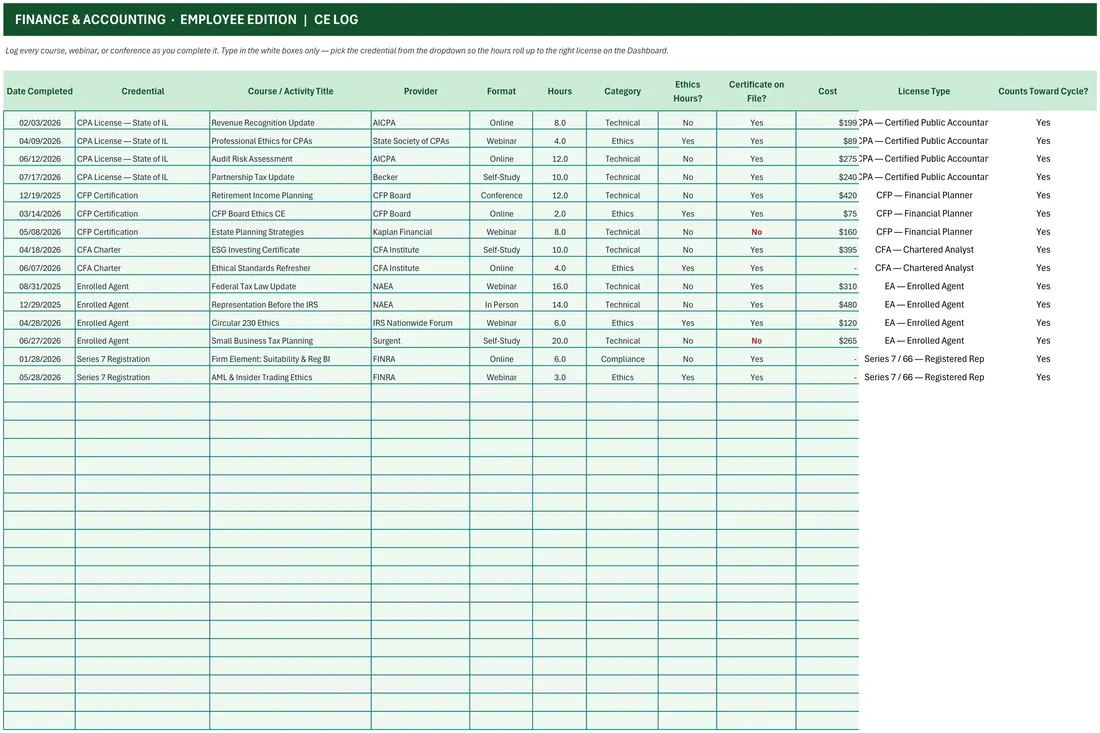 CPA & Finance CPE Renewal Tracker screenshot