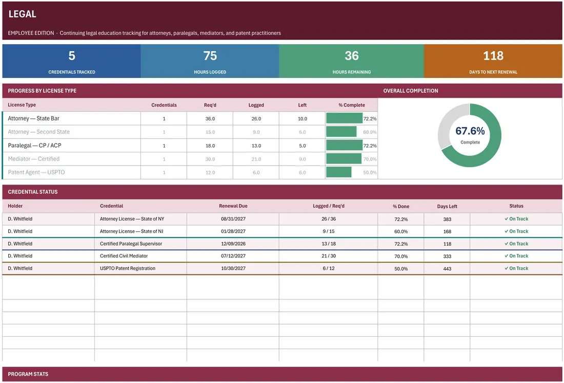 Attorney CLE & Multi-State Bar Tracker — the workbook open in Excel