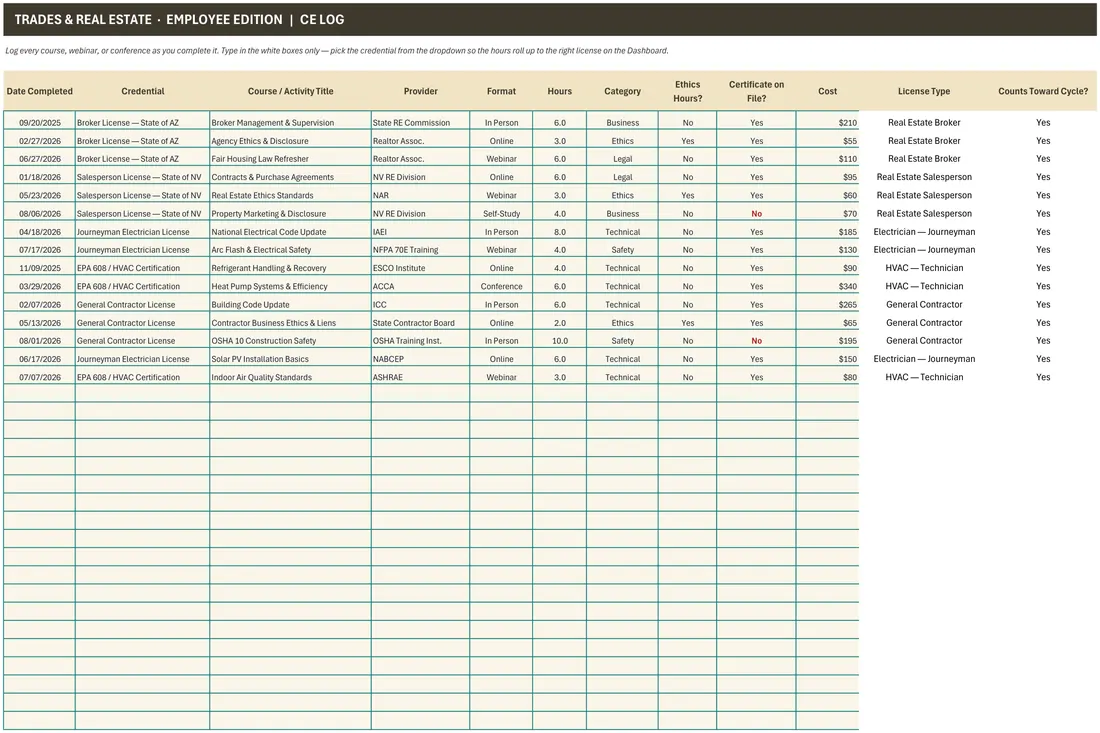 Trades & Real Estate License CE Tracker screenshot