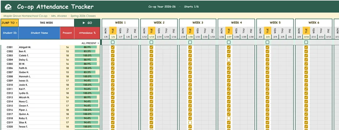 Homeschool Co-op Attendance Tracker — the workbook open in Excel