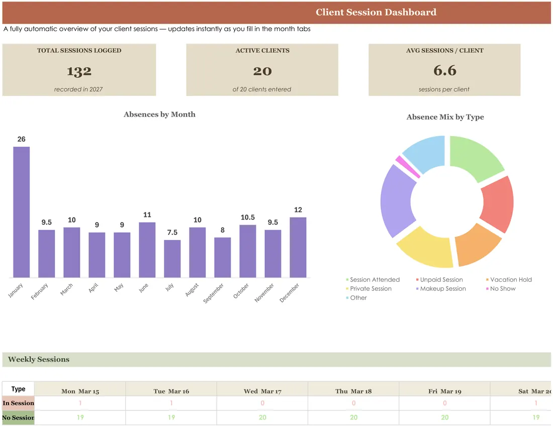 Client Session Tracker — the workbook open in Excel