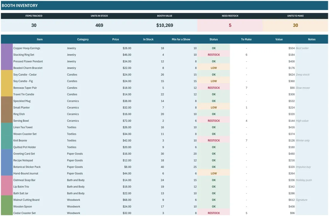 Craft Show Vendor Kit — the workbook open in Excel