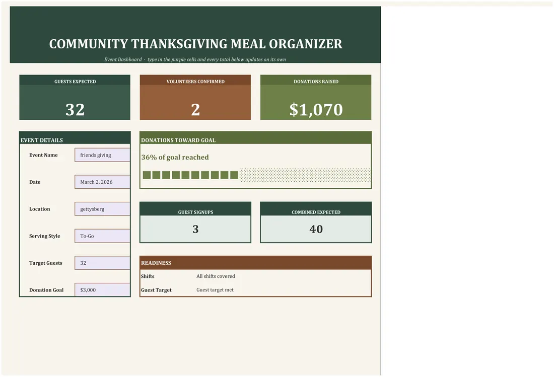 Community Meal Planner — the workbook open in Excel