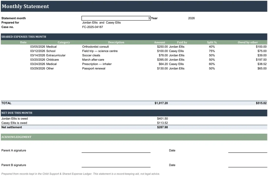 Child Support and Shared Expense Ledger — the workbook open in Excel