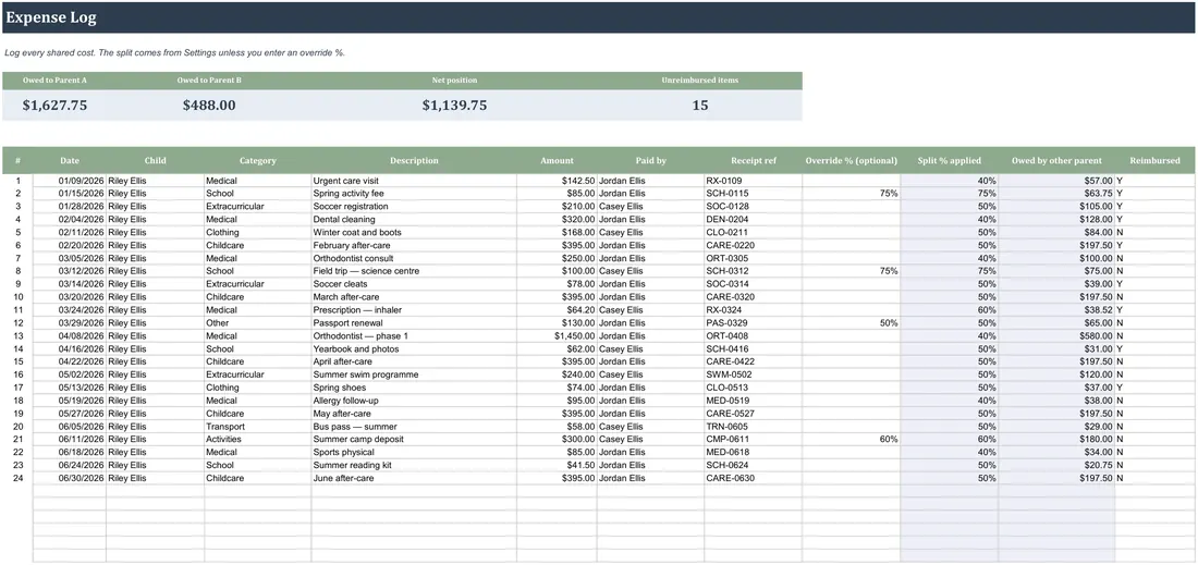 Child Support and Shared Expense Ledger screenshot