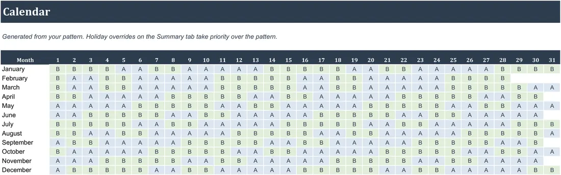 Parenting Time Calculator — the workbook open in Excel