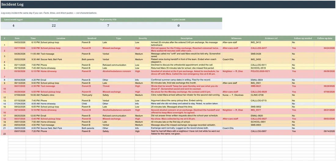 Custody Incident Log — the workbook open in Excel