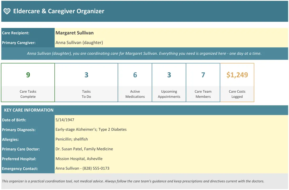 Eldercare & Caregiver Organizer — the workbook open in Excel