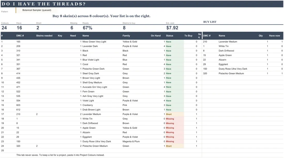 Embroidery Thread Tracker — the workbook open in Excel