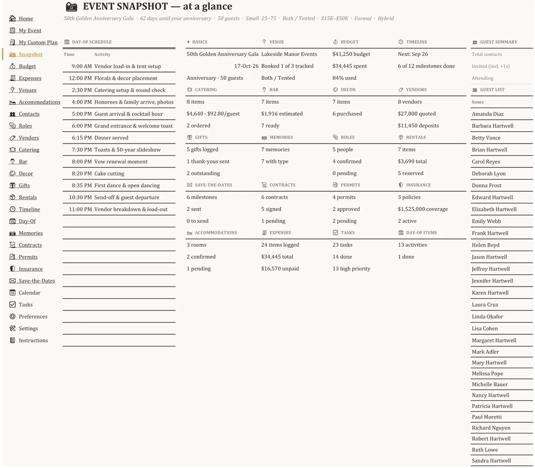 All-in-One Event Planner — the workbook open in Excel