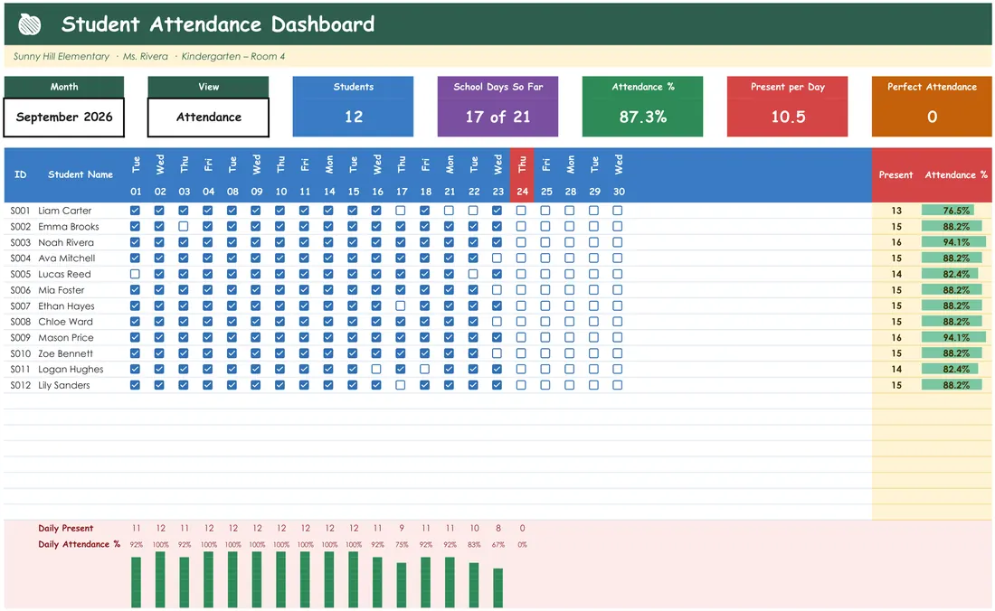 Student Attendance and Tardy Tracker FREE — the workbook open in Excel