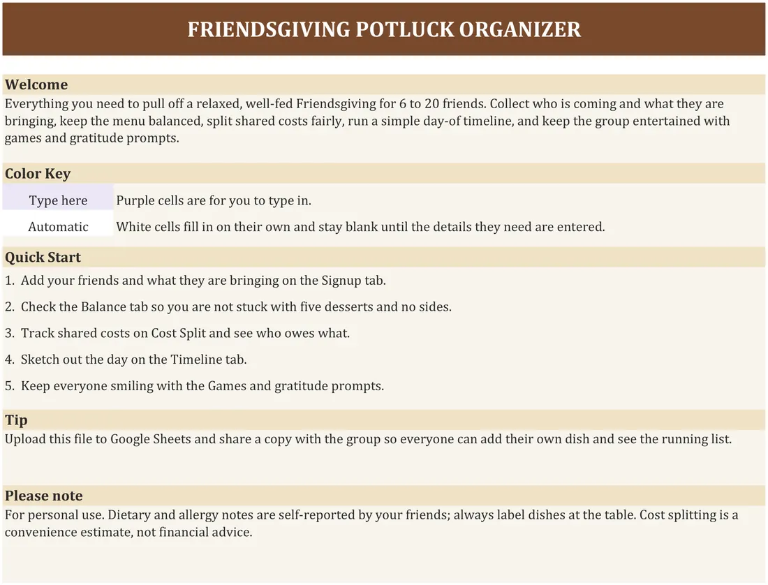 Friendsgiving Planner — the workbook open in Excel