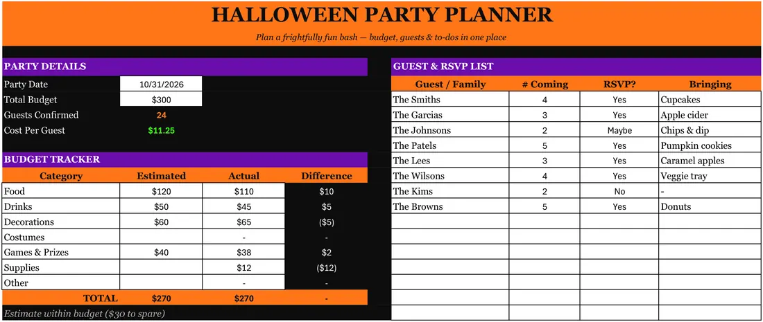 Halloween Party Planner — the workbook open in Excel