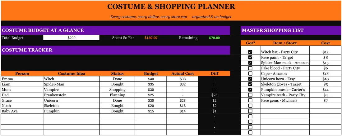 Halloween Costume Planner — the workbook open in Excel