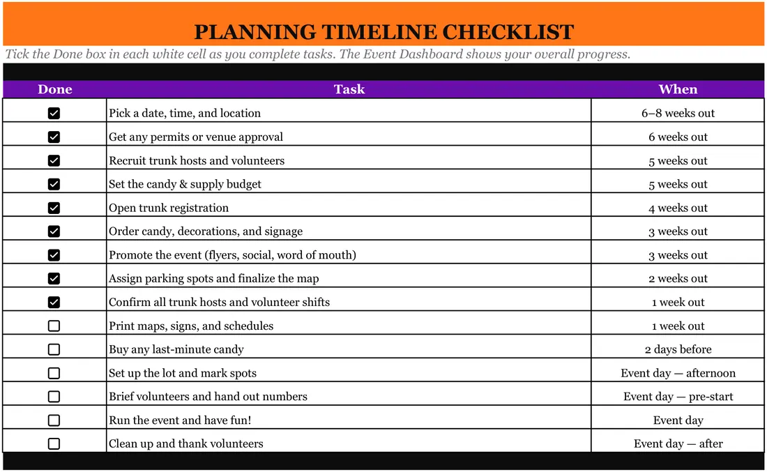 Trunk-or-Treat Organizer — the workbook open in Excel