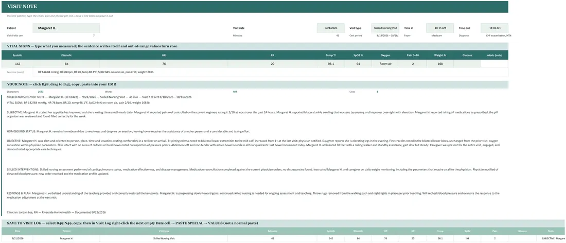 Home Health Visit Note Generator — the workbook open in Excel