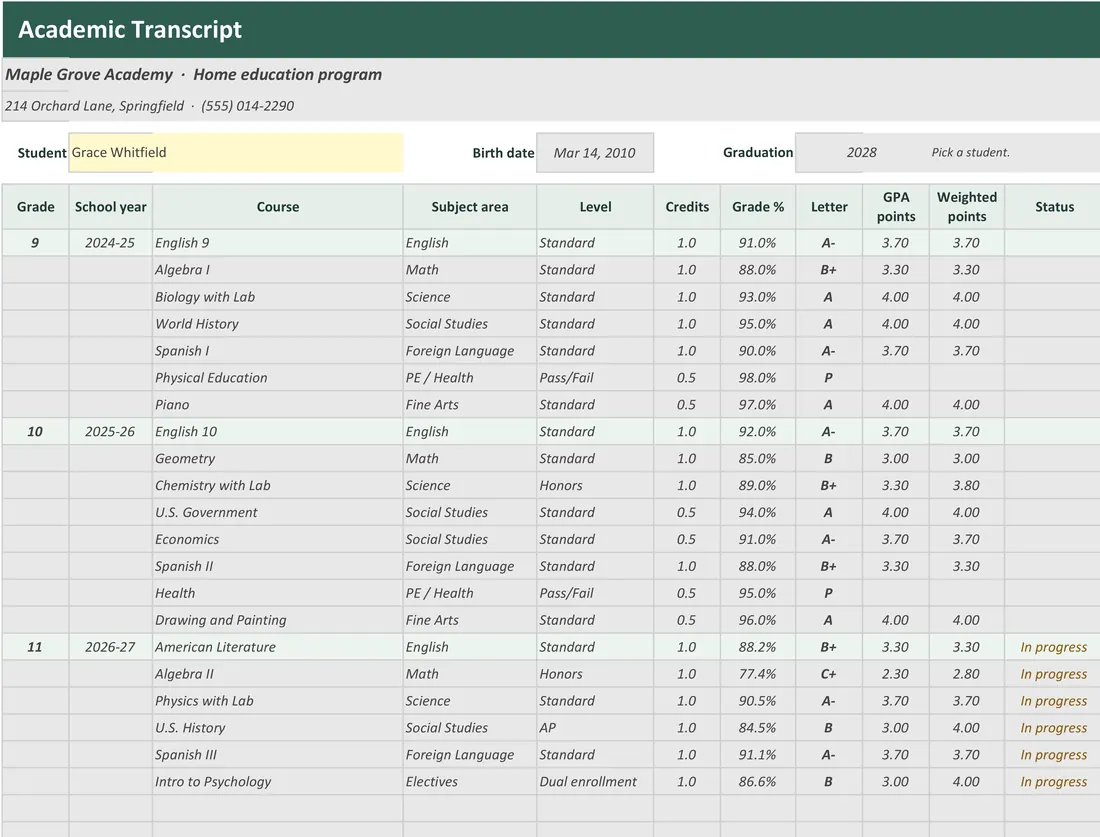 Homeschool Gradebook and Transcript — the workbook open in Excel