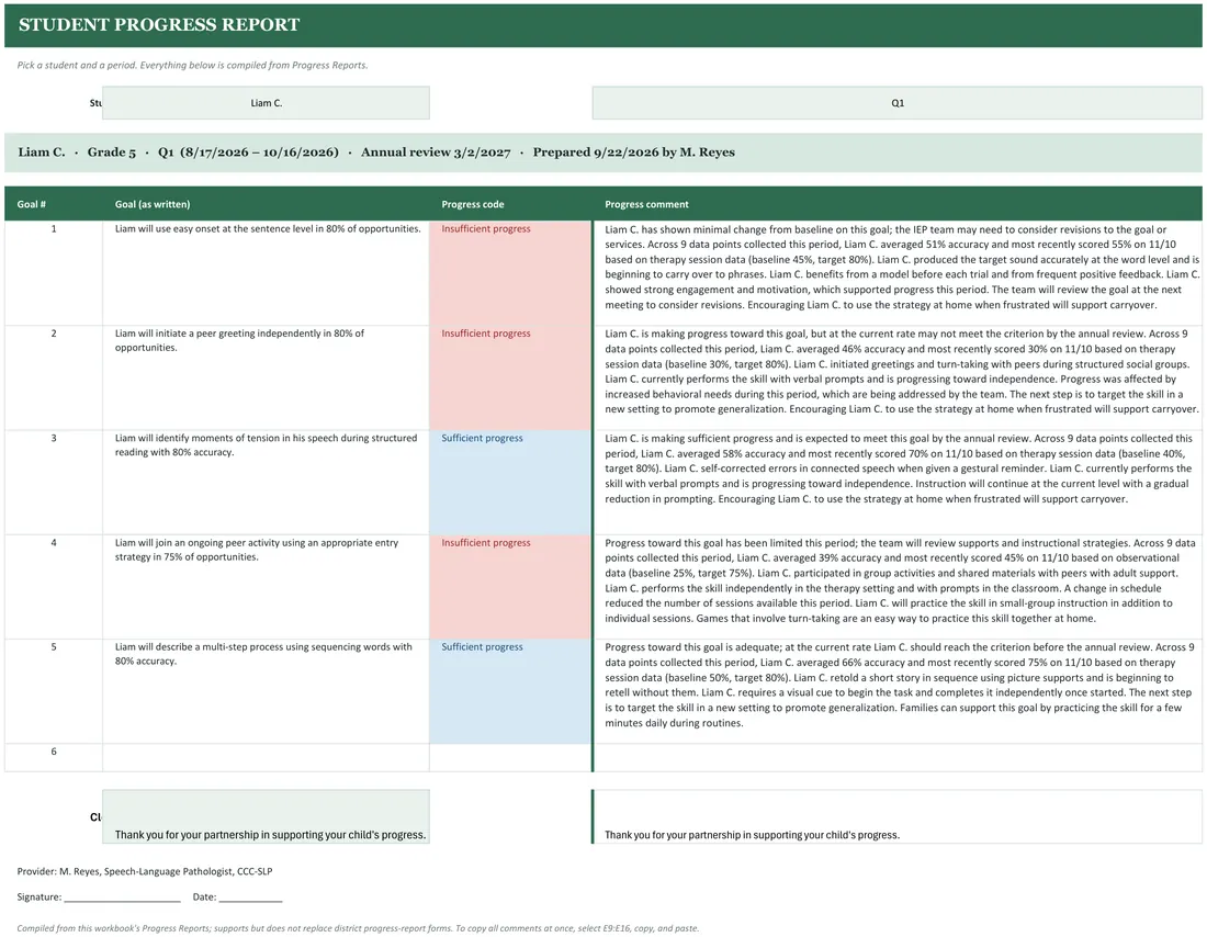 IEP Progress Report Comment Generator screenshot