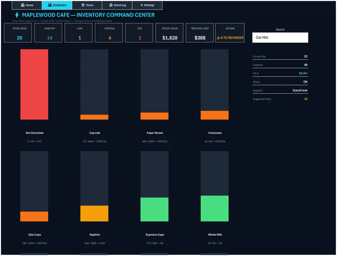 Small Business Inventory Tracker — the workbook open in Excel