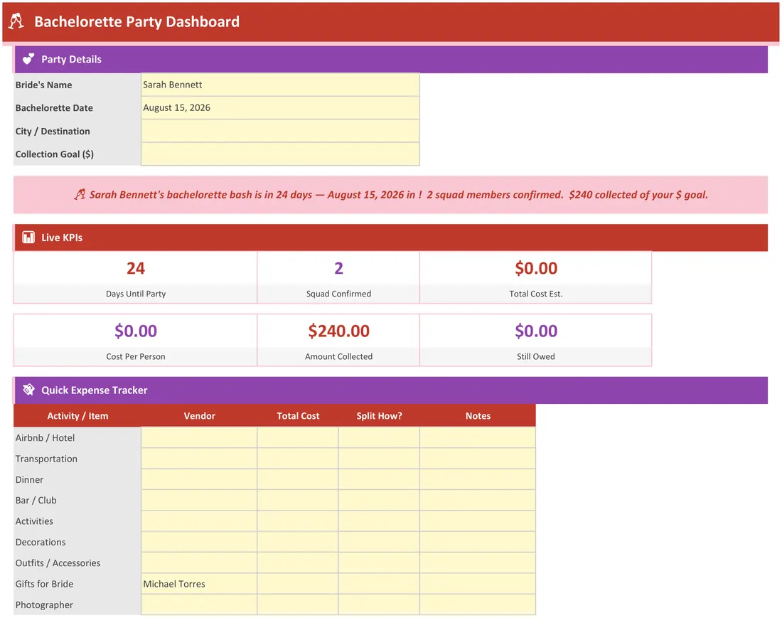 Bachelorette Party Planner — the workbook open in Excel