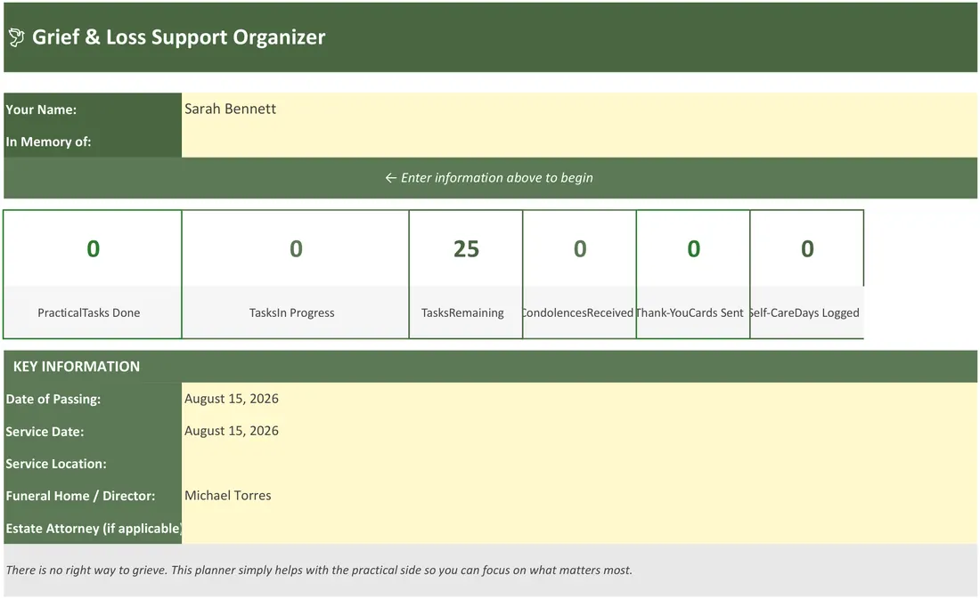 Grief and Loss Support Organizer — the workbook open in Excel