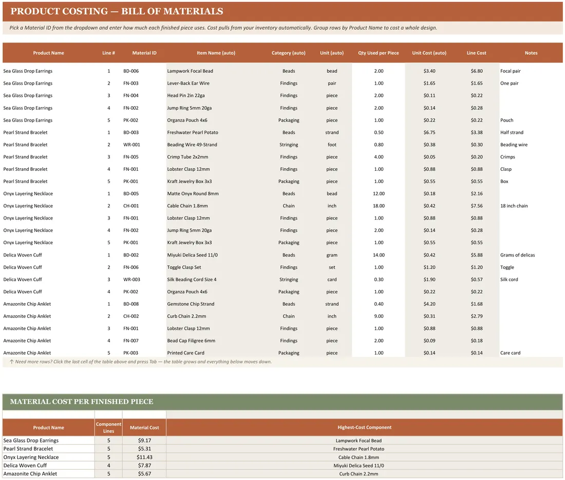 Bead & Jewelry Supply Inventory — the workbook open in Excel