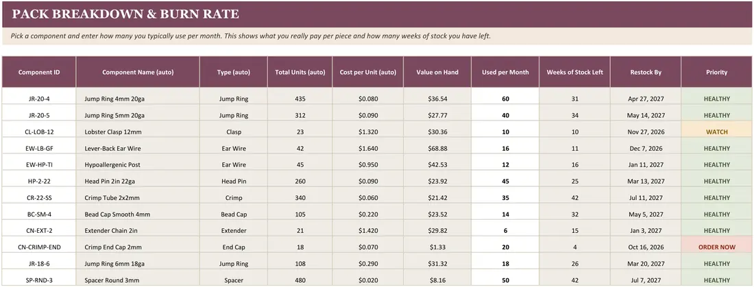 Jewelry Findings Inventory — the workbook open in Excel