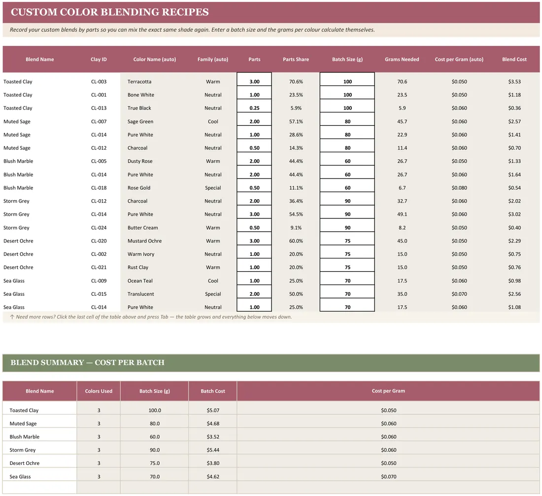 Polymer Clay Stash Tracker — the workbook open in Excel