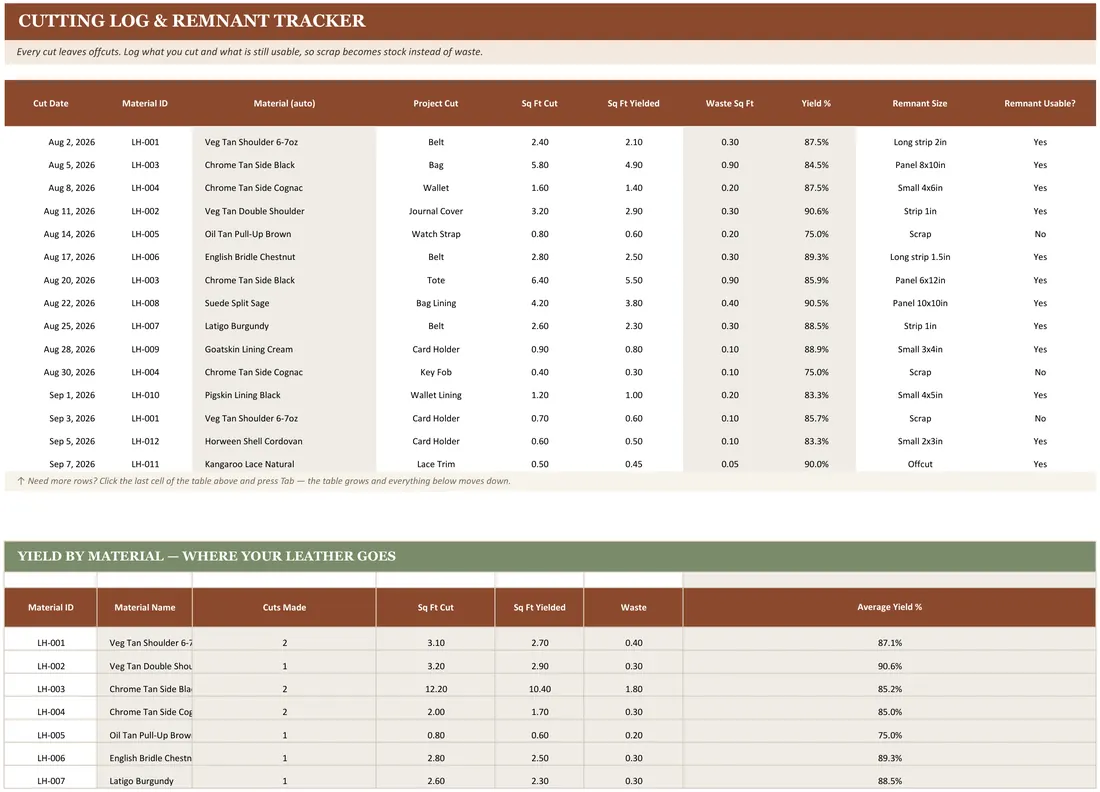 Leathercraft Material Inventory — the workbook open in Excel