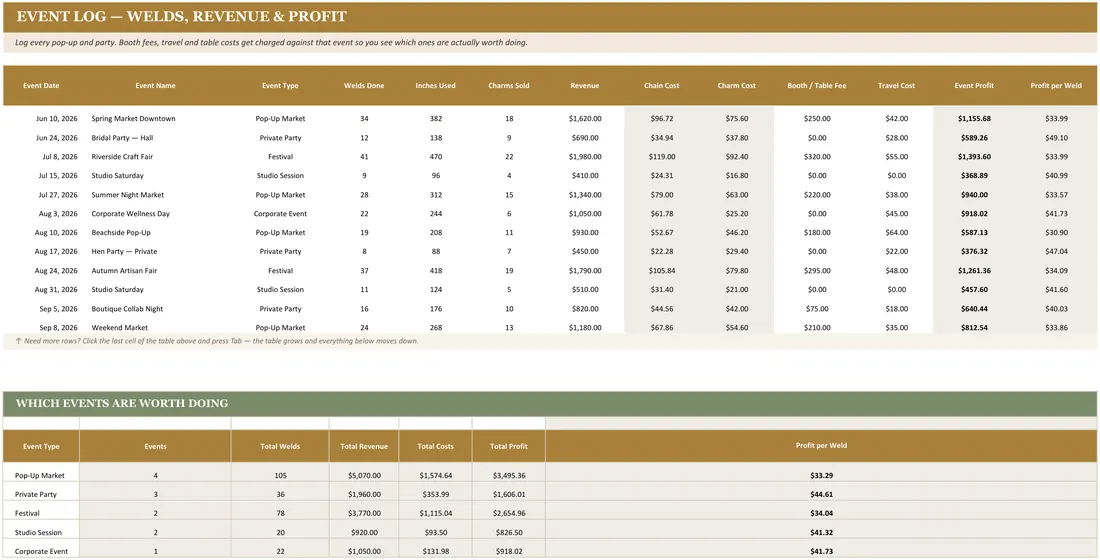 Permanent Jewelry Chain Inventory — the workbook open in Excel