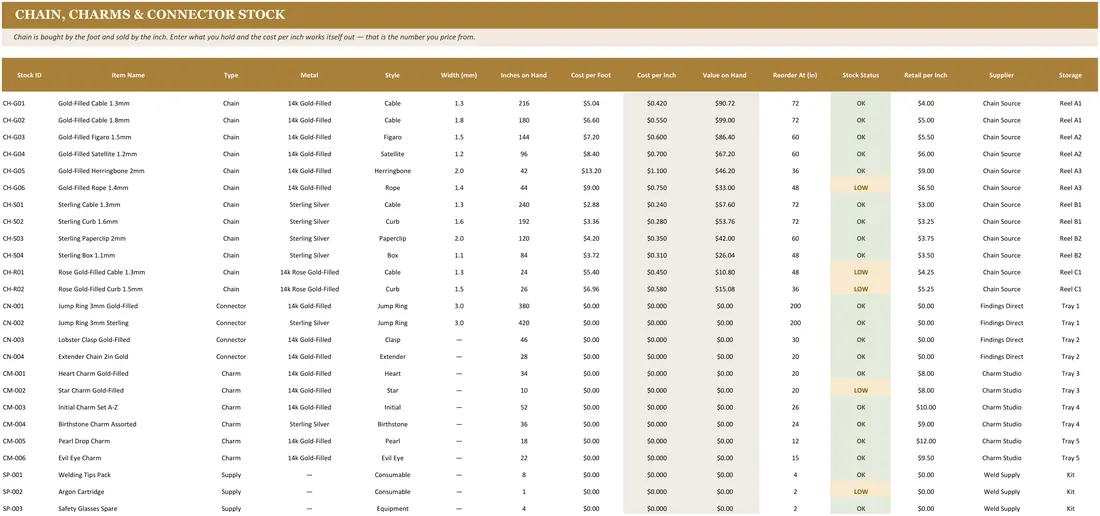 Permanent Jewelry Chain Inventory screenshot
