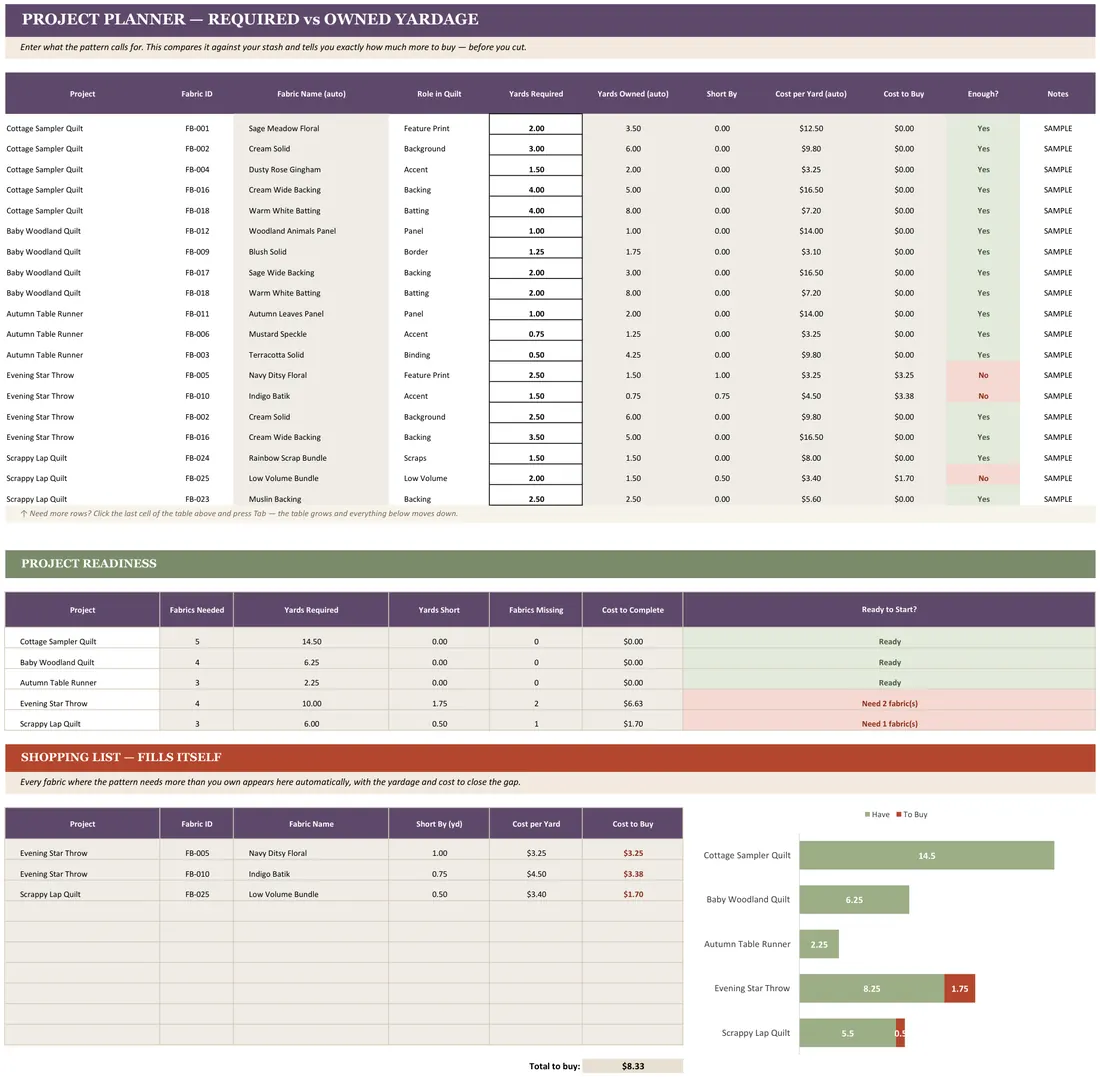 Quilting Fabric Stash Inventory — the workbook open in Excel