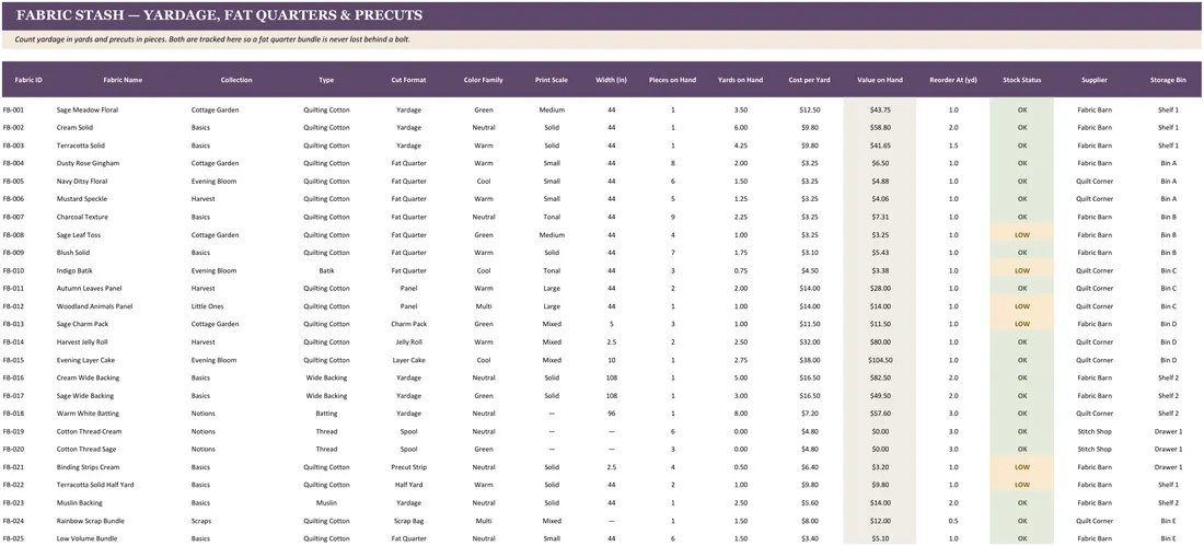 Quilting Fabric Stash Inventory screenshot