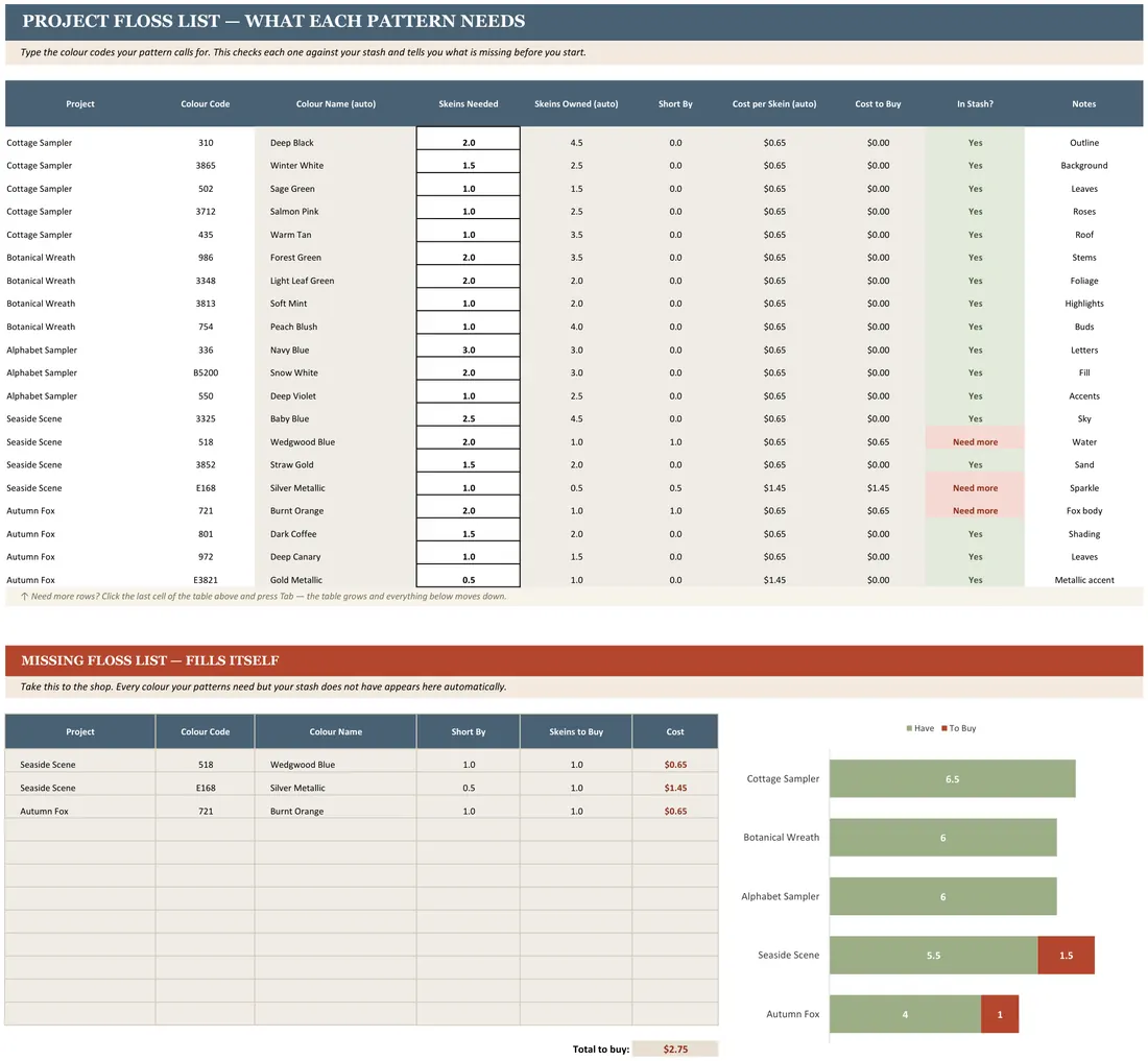 DMC Floss Inventory & Costing — the workbook open in Excel