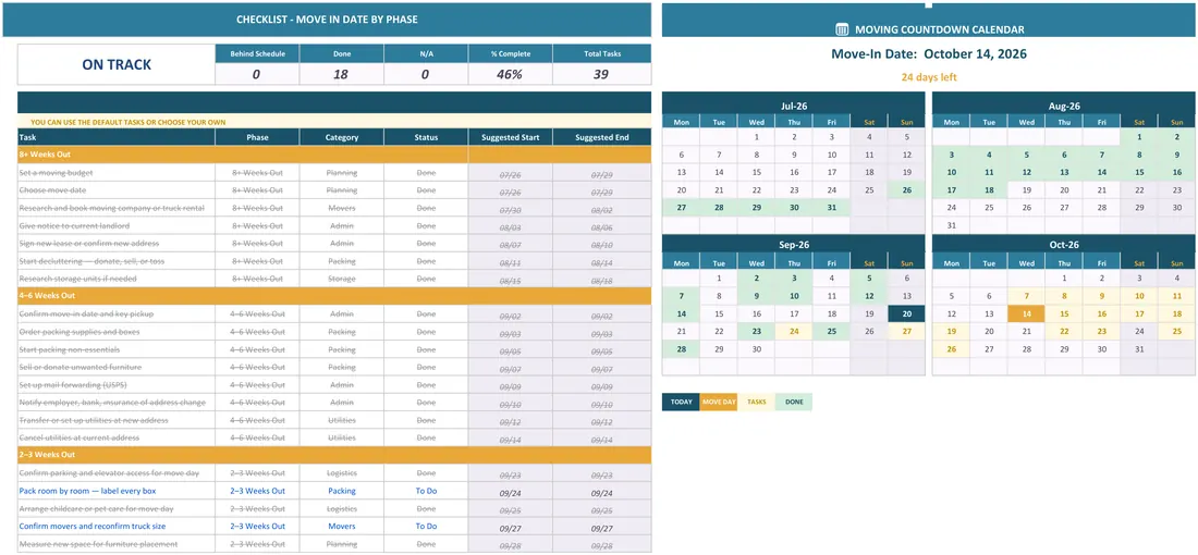 Moving Budget Tracker — the workbook open in Excel