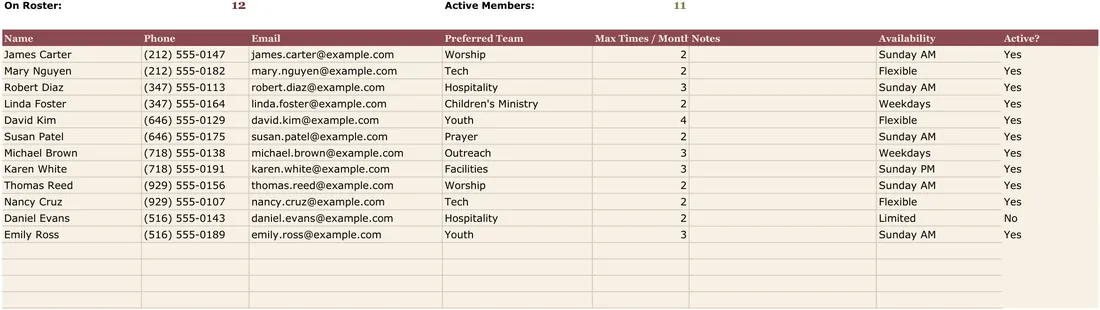 Ministry Team Schedule screenshot