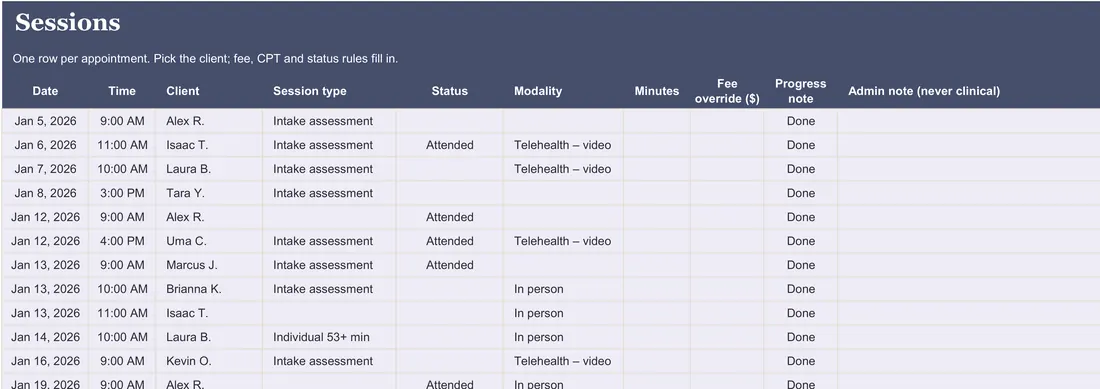 Therapist Practice Management Spreadsheet screenshot