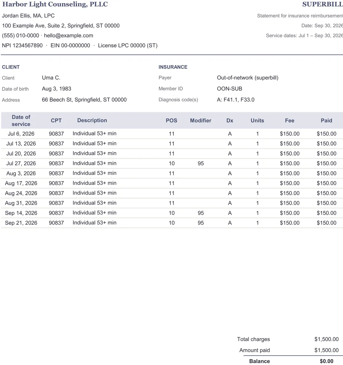 Therapist Practice Management Spreadsheet screenshot